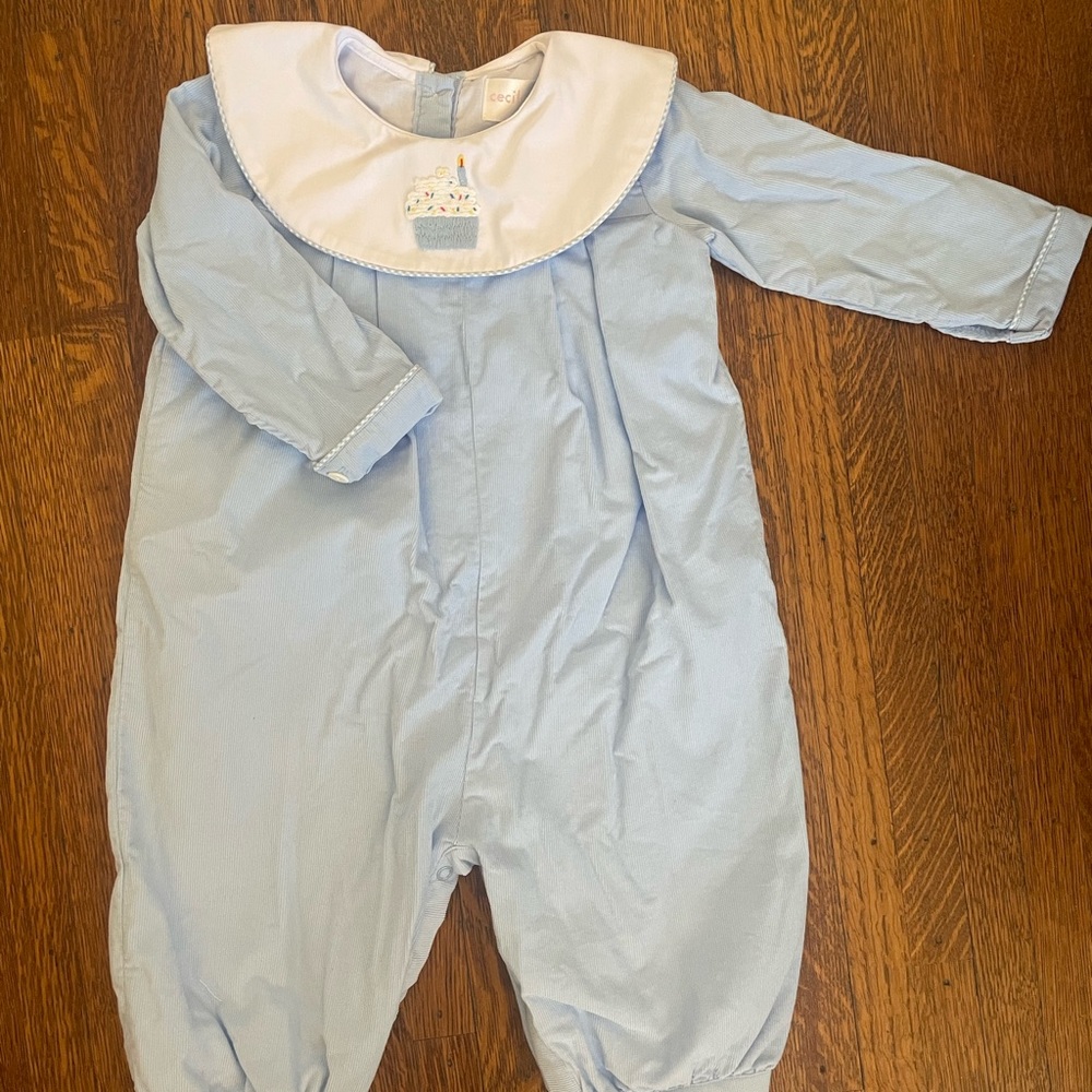 Blue Corduroy Embroidered Cupcake Long Romper